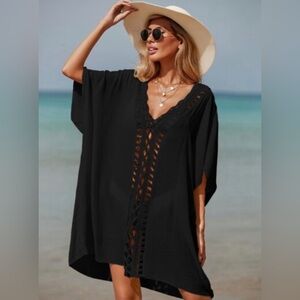 Black V Neck Casual Cover Up Dress - Loose Fit Beach Kaftan One Size Plus NEW